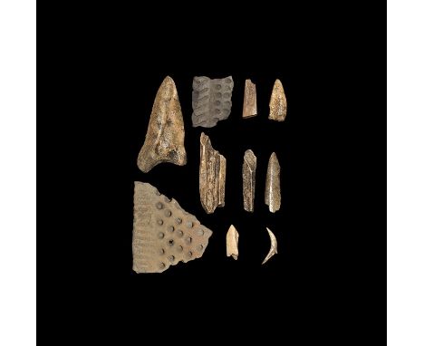 Neolithic, 5th-3rd millennium BC. Group comprising: two bone awls; a bone graver; three larger bone implements and a rodent m