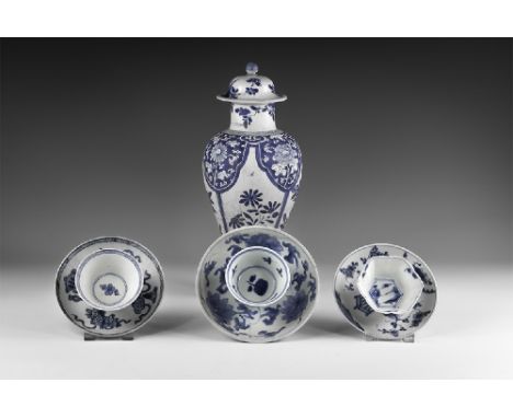 Kangxi Period, Late 17th century AD. A mixed group of blue and white glazed ceramic items comprising: a meiping vase and lid;