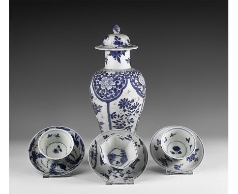 Kangxi Period, Late 17th century AD. A mixed group of blue and white glazed ceramic items comprising: a meiping vase and lid;