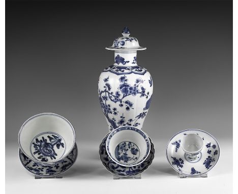 Kangxi Period, Late 17th century AD. A mixed group of blue and white glazed ceramic items comprising: a meiping vase and lid;