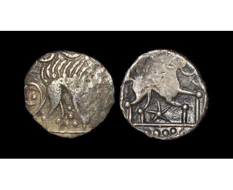 30-10 BC. Obv: boar right with pellet and pellet trefoil below. Rev: horse right with trefoil of pellets above, with five-arm