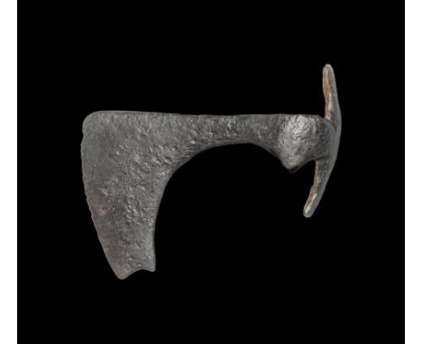 9th-11th century AD. An iron axehead with triangular-section narrow blade widening to a broad bevelled edge with square chin,