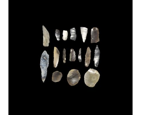 Neolithic, 5th-3rd millenium BC. Group comprising: three knapped scrapers with convex working edges, formed on flakes; a slig
