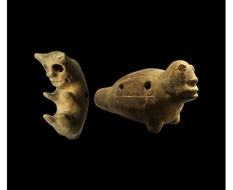 1st millennium AD. A pair of ceramic whistles comprising: a sea-lion with pellet eyes; a boar with roundels and zigzags to th
