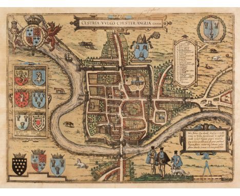 Chester. Braun (Georg &amp; Hogenberg Frans), Cestria (vulgo) Chester Angliae Civitas, [1581], engraved city plan with contem
