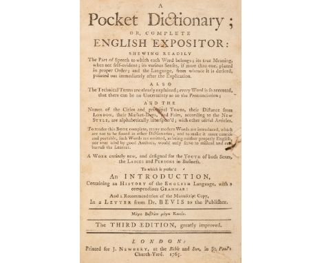 Newbery (J[ohn], publisher). A Pocket Dictionary; or, Complete English Expositor: Shewing readily the Part of Speech to which