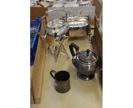 A silver plate kettle on stand with burner, stamped Hinks, teapot and a Staniforth's Patent warmer with floral decoration, a 