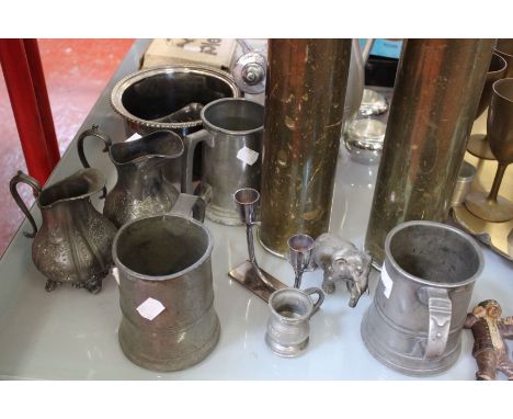 Trench art shells, further brassware and pewter to include goblets and tankards etc 