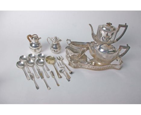 A collection of plated ware to include a pierced gadrooned footed tray, a four piece tea set, a bachelors teapot and hot wate