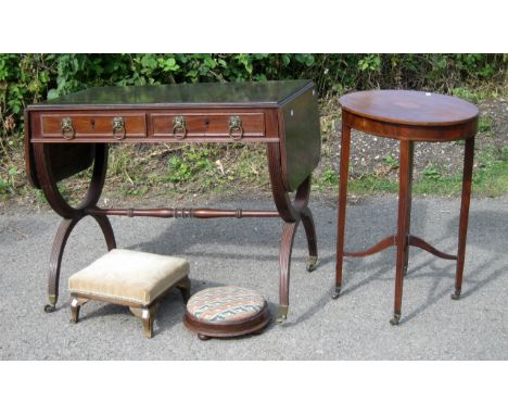 Mahogany drop flap sofa table with two drawers, mahogany oval hinged top work table and two stools