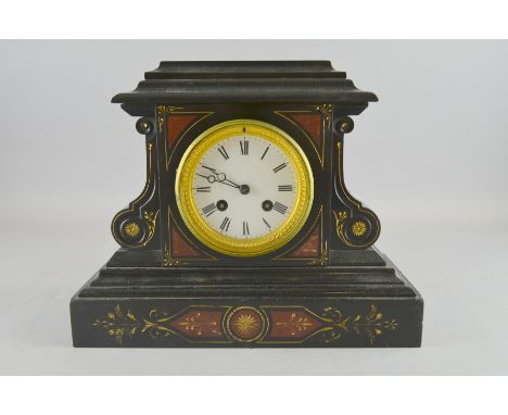 19th century black slate mantel clock with red marble inlaid panels two train movement striking half hourly 25cm highEnamelle