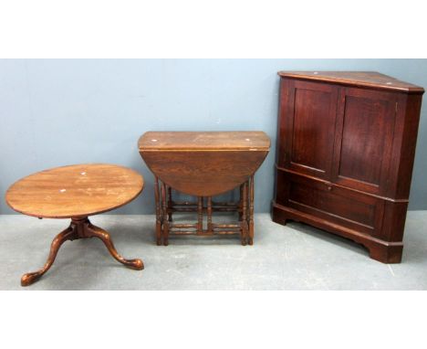 Oak corner cabinet, oak gate leg table and a low circular table on tripod legs