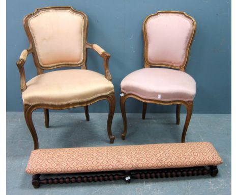 French style armchair, similar chair and a bobbin turned low stool