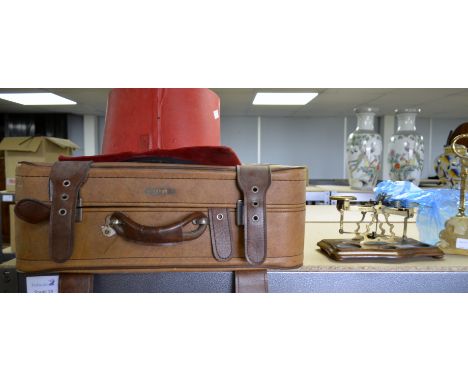 Set of brass postal scales with weights and a brass door stop, two suitcases and two hats