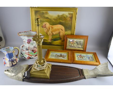 A brass table lamp of Corinthian column form, Two masons design jugs, three hunting prints in maple frames, Afghan Hound by R