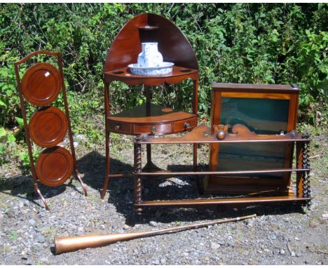 Mahogany corner washstand, blue and white jug and bowl, folding cake stand, rosewood wall shelf, display cabinet and copper h