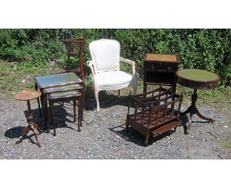 French style armchair, drum table, lamp table, canterbury, mahogany jardiniere, nest of tables and a wine table