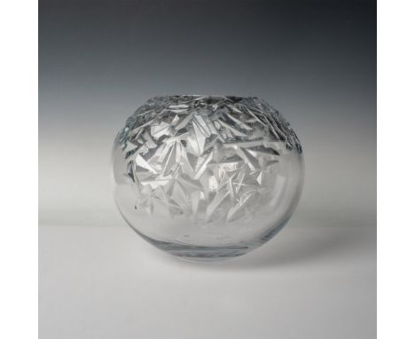 A contemporary extra large clear globe-shaped vase. Shown with an asymmetrical motif at the top. Orrefors marked. Artist etch