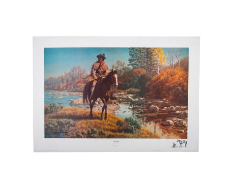 Limited edition reproduction print and signed by artist. A serene scene of a rider on a horse in the wild. Artist signed on t