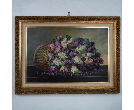 Splendid original acrylic on canvas of a luscious arrangement of chrysanthemum flowers in a tilted straw basket placed on a r