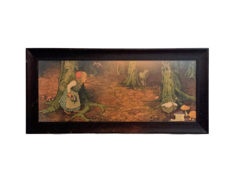 Antique panoramic size color engraving on paper of Charles Perrault's Classic tale featuring the main character Little Red Ri