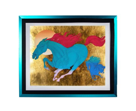 Original color serigraph with gold leafing on paper by Guillaume Azoulay. He depicts two galloping horses made of bouncing li