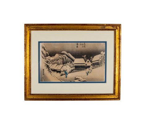 Evening Snow Landscape is an original ukiyo-e color woodcut on paper made with shades of black and white, and accents of blue