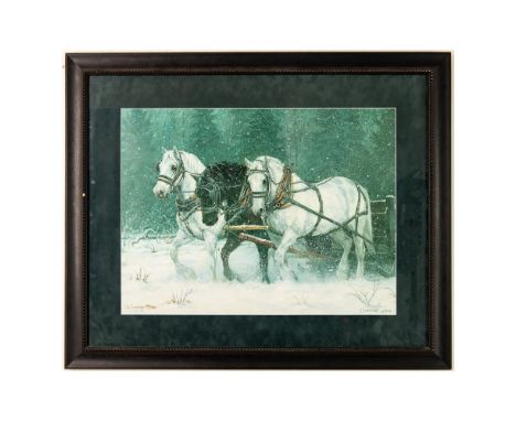Large original color lithograph on paper entitled December Snowfall-Horses by Realistic artist Chris Cummings. Ink signature 