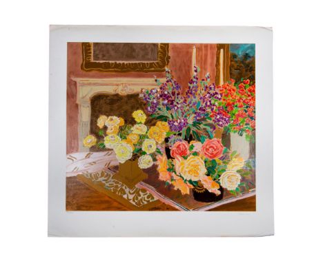 Signed and limited edition print designed by Ellen Gunn (American, b. 1951). Features an elegant room with beautiful blossome