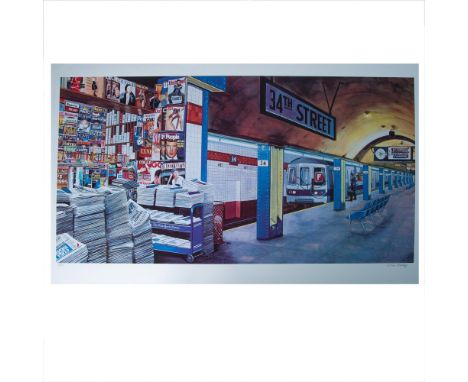 Original panoramic size color serigraph entitled F train at 34th Street, New York by American Photorealist painter Ken Keeley