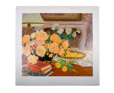 Signed and limited edition print designed by Ellen Gunn (American, b. 1951). Features an elegant room with beautiful orange b