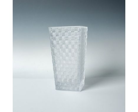 Elegantly stylish Tiffany &amp; Co clear crystal square vase made with a raised basket weave patterns that reflect specs of l