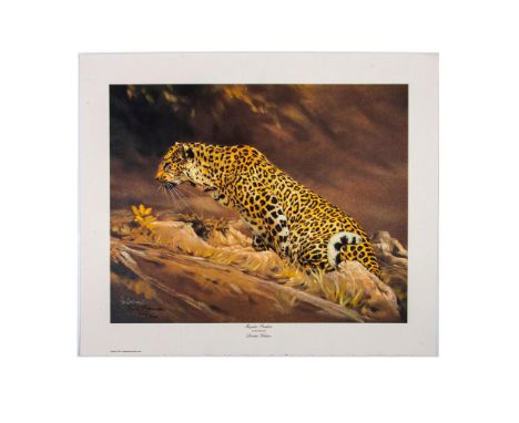 Limited edition reproduction print and signed by artist, Paul Bosman (South African-American, b. 1929). Features a leopard st