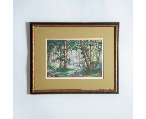This original watercolor on paper features a beautifully painted woodland clearing where a single individual stands on a path
