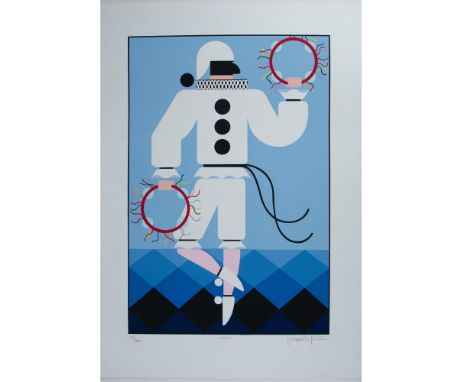 Pierrot is a splendid color serigraph on laid paper by Italian Modernist Giancarlo Impiglia who used bright white and black, 