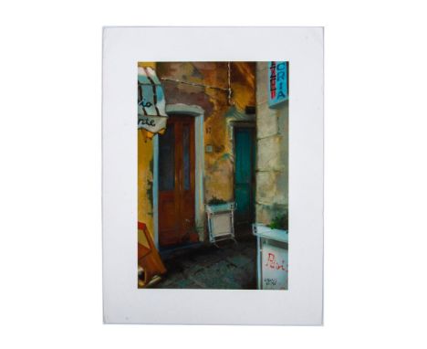 Limited edition reproduction and signed by artist. Features a brown door and a blue door. Artist and limited edition number a