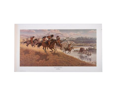 Limited edition reproduction print and signed by artist, Joe Grandee (American, b. 1929). An fierce and intense scene taken p