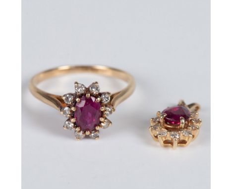 Ring is a 14K yellow gold with 0.5ct lab ruby and 0.5ct diamonds. It is a size 7.25. The 14k yellow gold pendant has a pear-c