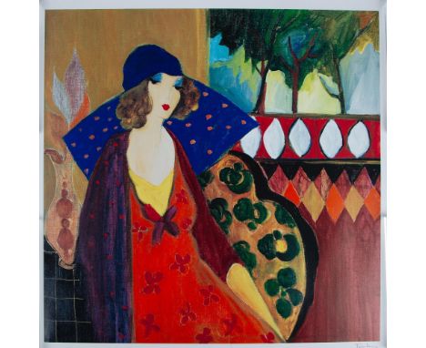 This colorful ready-to-frame serigraph on wove paper entitled Indigo Chapeau depicts a seated woman in a vibrant interior mad