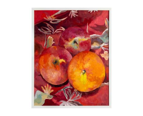 Post-Impressionist style oil on canvas depicting a close-up view of golden, orange and red Summer fruits placed on an abstrac