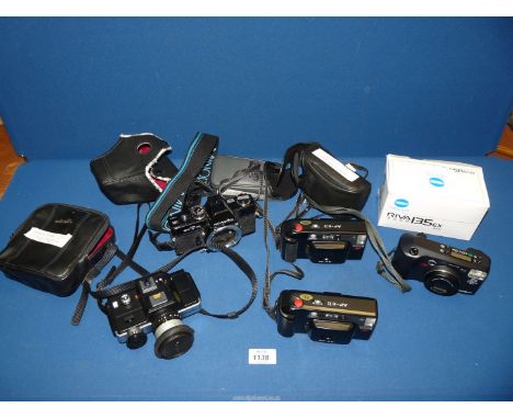 A quantity of Minolta cameras and accessories including AF-EII Cameras with lens and case, SRT 101 with strap, Riva Zoom 135 