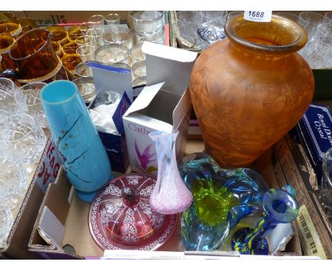 A small quantity of coloured glass to include: a blue milk glass vase, Caithness swirl vase, Studio glass trefoil dish, cranb