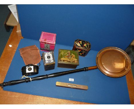 A quantity of miscellanea to include: a copper warming pan, a boxed Conway camera, two vintage tins, Rabone spirit level, etc