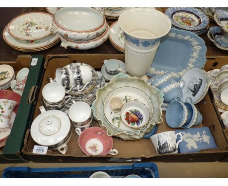 A box of china to include: Foley teaset, Wedgwood embossed Queensware vase, etc.