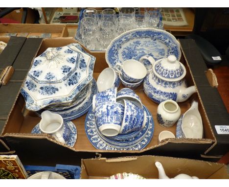 A quantity of blue and white china to include: a six piece ironstone Broadhurst "The Queen's Silver Jubilee 1977" teaset, a l