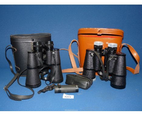 Two cased Binoculars, one being a Prinz 16 x 50 and the other Tohyoh 10 x 50 and a "Golfscope 5 x 20mm" monocular.