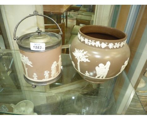 A Wedgwood lilac dipped Jasper straight sided Biscuit Barrel with plated mounts and cover, c 1880 (lower mount loose) and a g