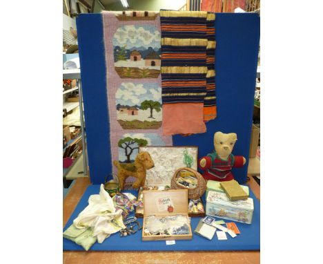 A box of vintage sewing related items together a box of miscellaneous to include a straw Welsh Terrier, handkerchief bag cont