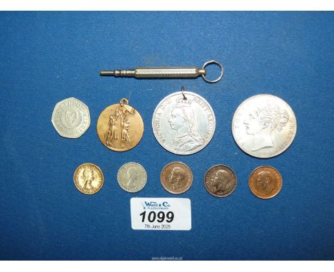 Two Victorian Crowns, a propelling pencil, a basketball Medal [1966] and a small quantity of coins.