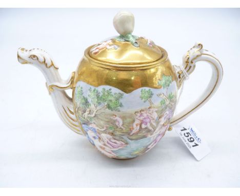 A fine antique Doccia small gold ground Teapot by Richard Ginori c. 1850, typically with classical figures in relief and pain